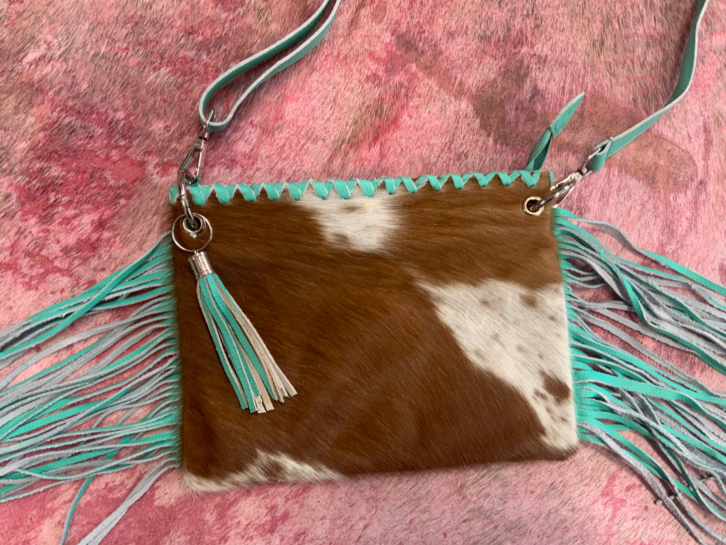 Cowhide Brown & Turquoise Purse