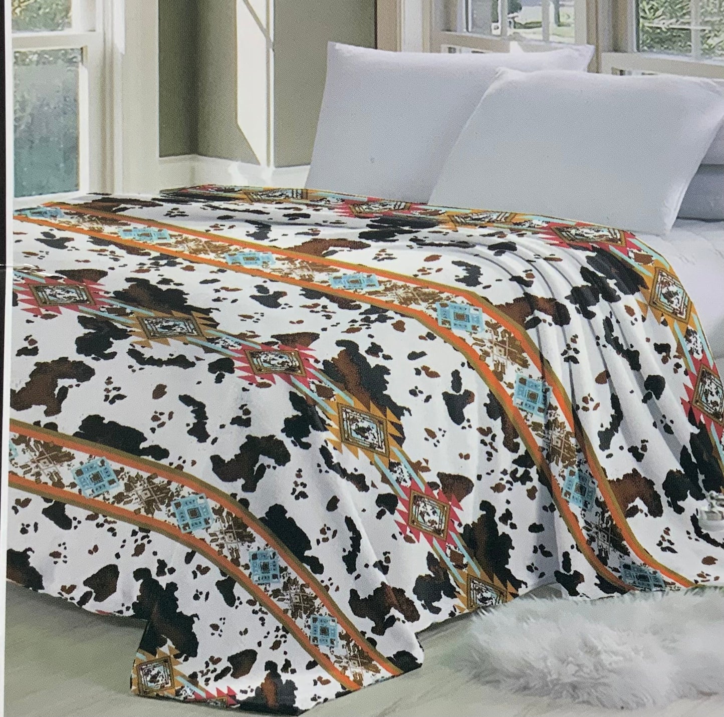 Turq Navajo Cow Throw Blanket